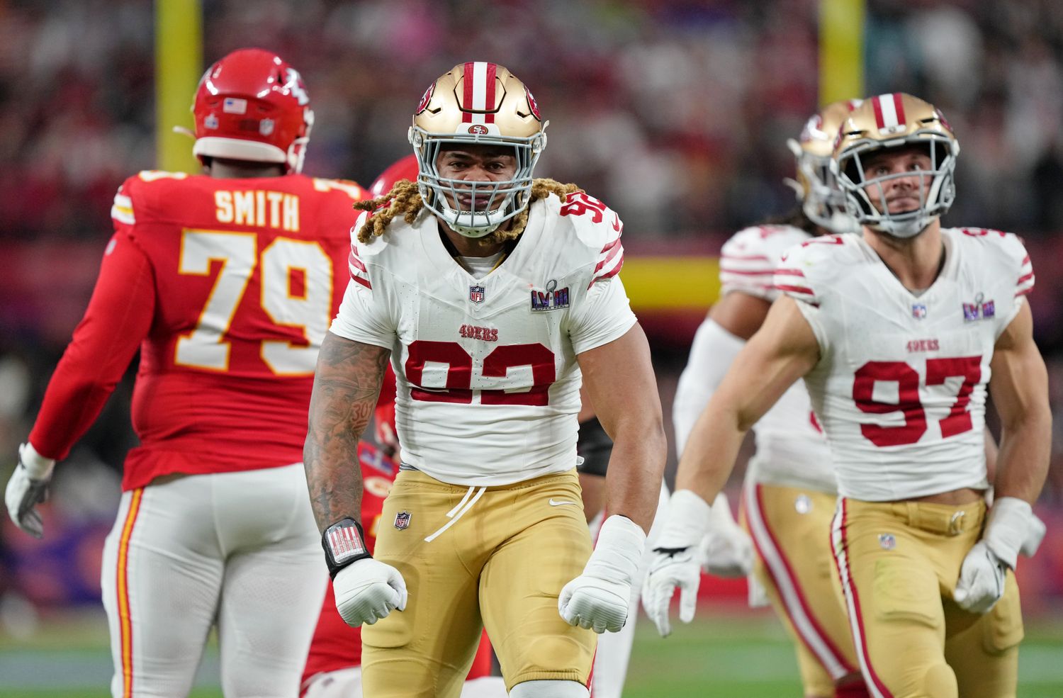  San Francisco 49ers defensive end Chase Young (92) reacts after a play against the Kansas City Chiefs during the first quarter of Super Bowl LVIII at Allegiant Stadium. Mandatory Credit: Kirby Lee-USA TODAY Sports